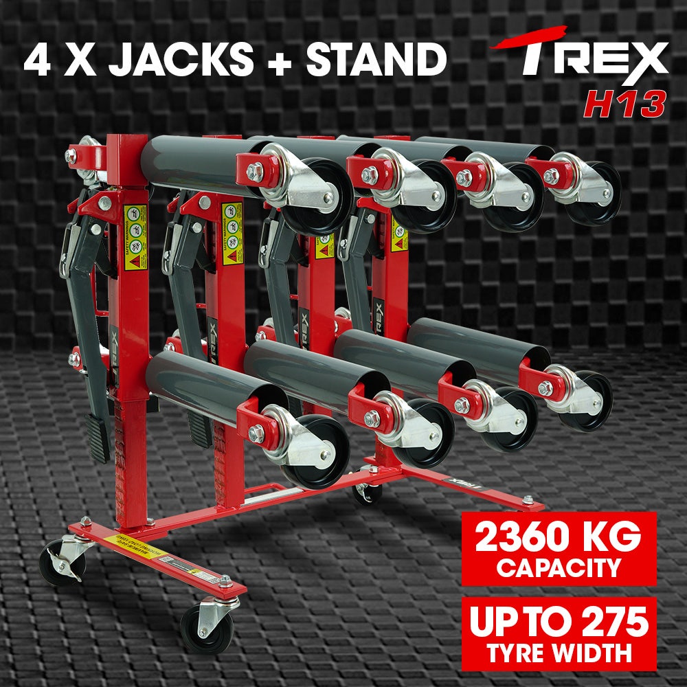 T-REX 2360kg Set of 4 Vehicle Positioning Jacks with Rack Stand, Mechanical Ratcheting Foot Pedal Wheel Dolly For Auto Car Moving