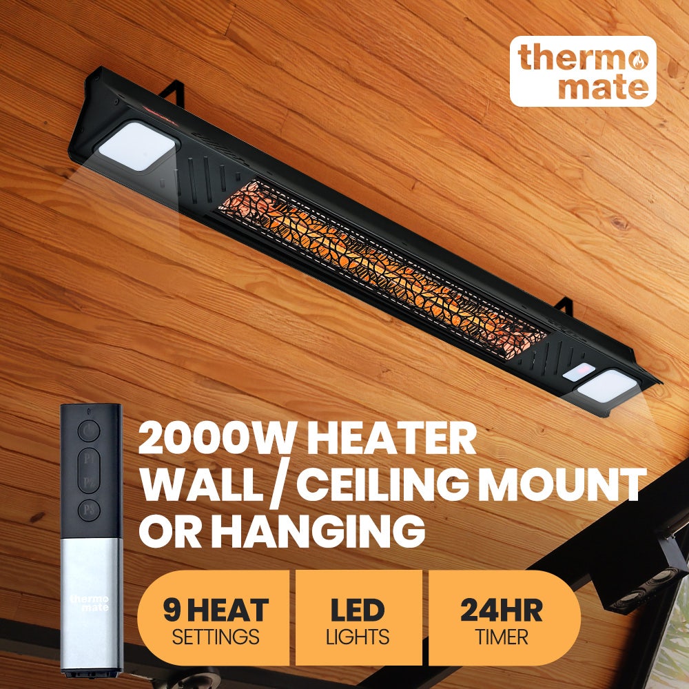 THERMOMATE 2000W Electric Outdoor Strip Heater, Carbon Fiber Element, Wall Ceiling or Hanging Mount, Remote , LED Screen, 9 Radiant Heat Settings, 24 Hr Timer