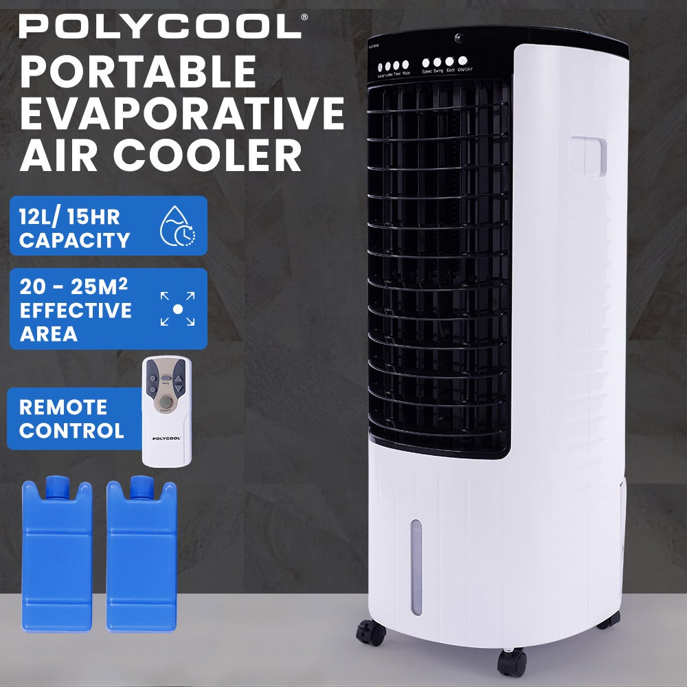 POLYCOOL 12L Evaporative Air Cooler Portable Home Fan, Purifier, Humidifier, Ioniser, Remote Control