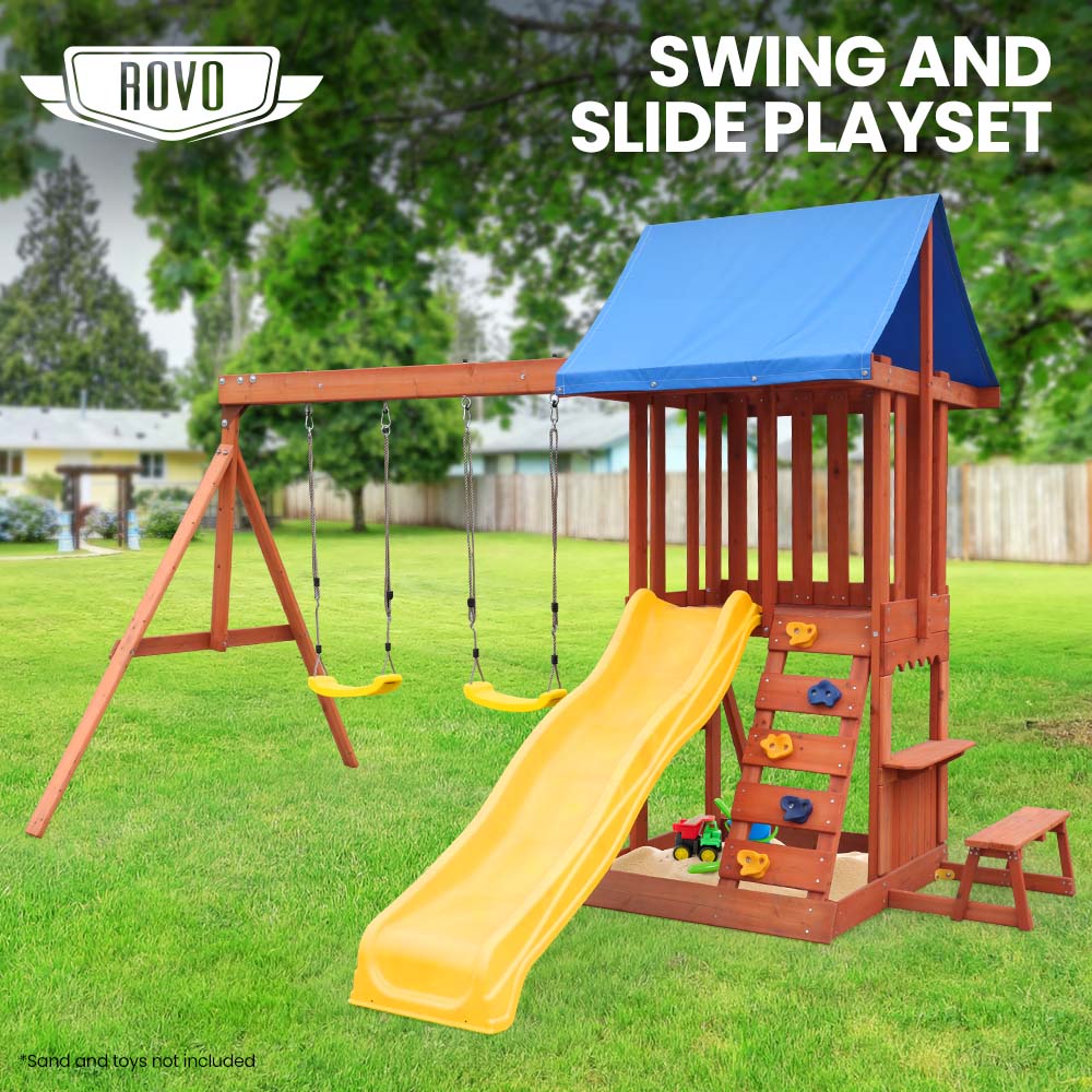 ROVO KIDS Outdoor Slide and Swing Play Set with Climbing Wall and Sandpit