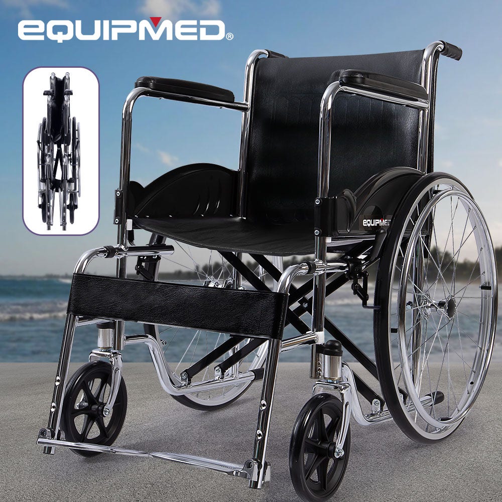 PRE-ORDER EQUIPMED Folding Manual Wheelchair Self Propelled, 24" Rear Wheels, Chrome Steel Frame, 46cm Wide Seat, 100kg Capacity, Park Brakes