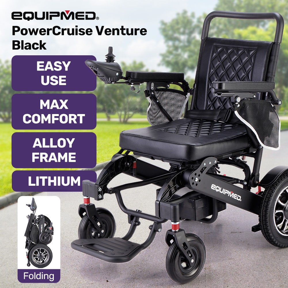 EQUIPMED Electric Folding Wheelchair, Long Range, Airline Approved, Aluminium Frame, Lithium Battery, Black