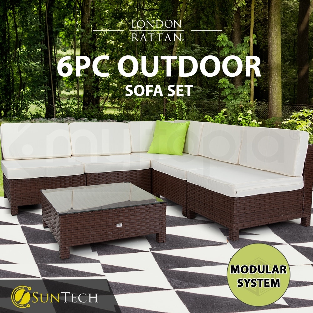 LONDON RATTAN Modular Sofa Outdoor Furniture Set 6pc Wicker Brown Cream