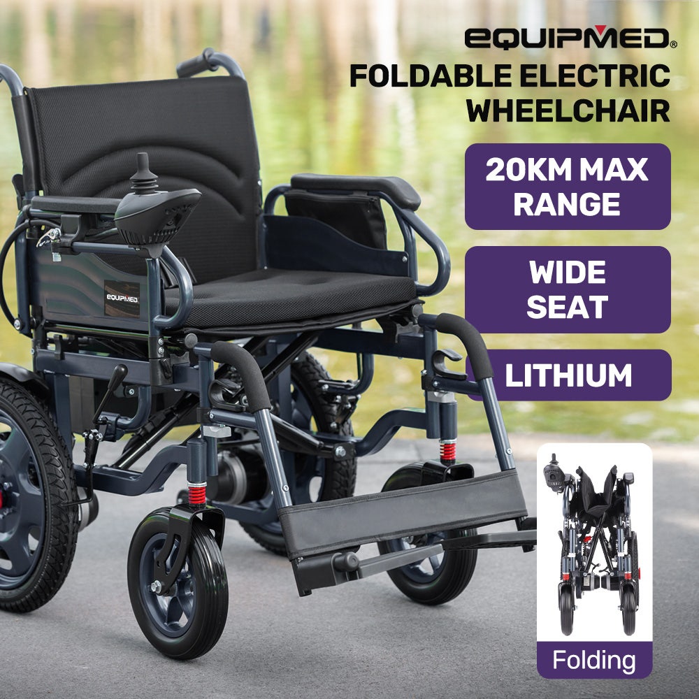 EQUIPMED Electric Folding Wheelchair, Wide Bariatric Chair Seat, Comfortable for S-XL, Long Range, Lithium Battery, Black