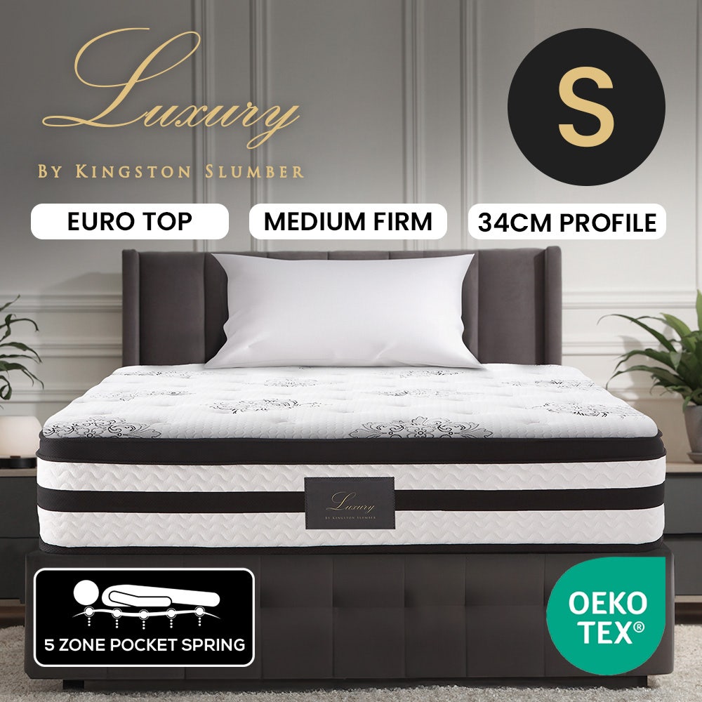 KINGSTON SLUMBER Luxury 34cm Single Mattress, Medium Firm, Euro Top, 5-Zone Pocket Spring Foam