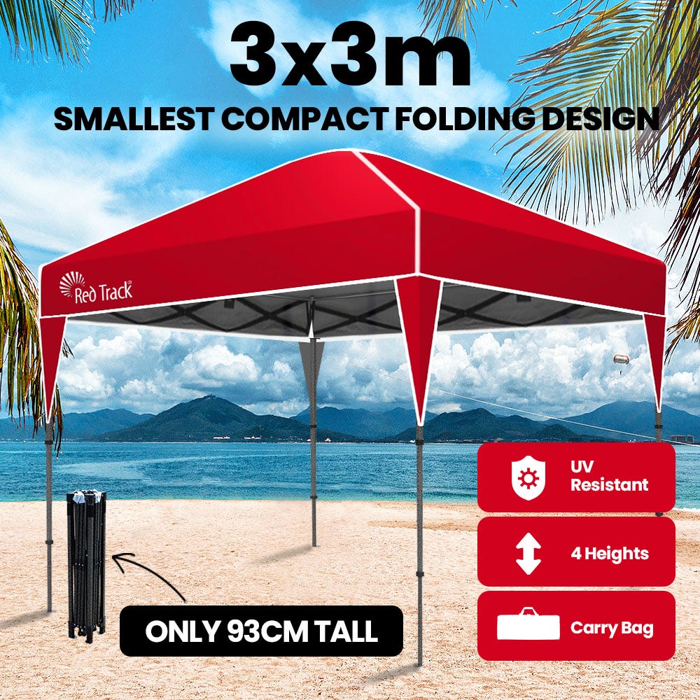 RED TRACK 3x3m Ultra Compact Folding Gazebo, Carry bag, Portable Outdoor Popup Marquee for Camping Beach, Red