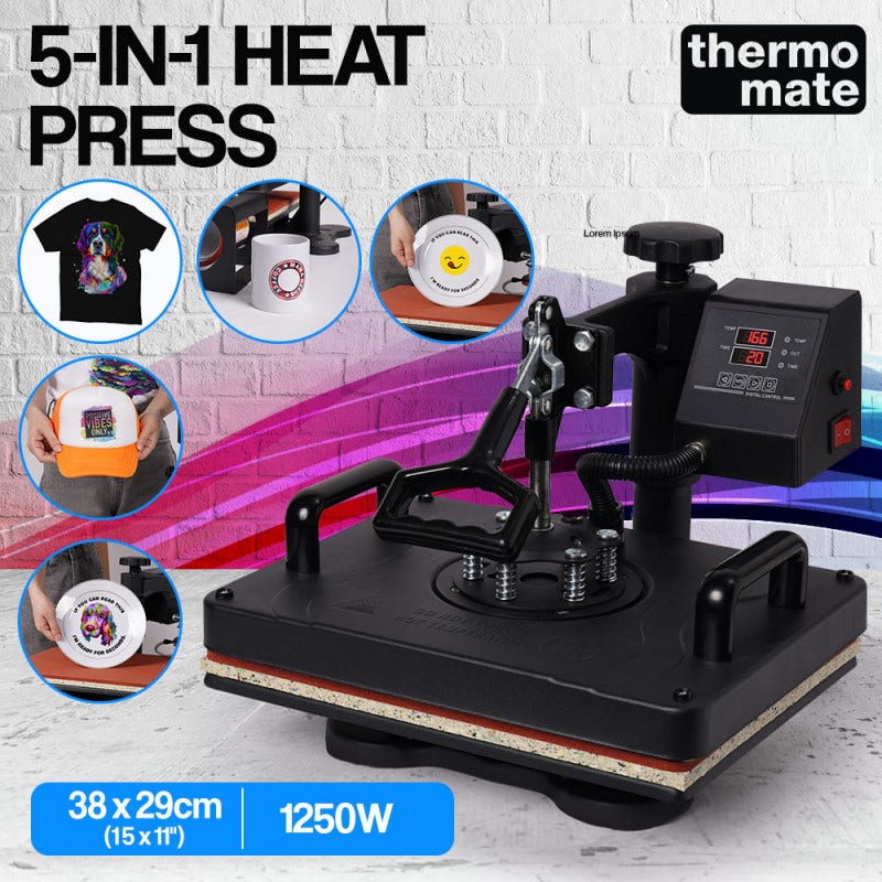 THERMOMATE 38x29cm 5in1 Swing Away Heat Press Machine, Includes T-Shirt, Mug, Cap, Plate Presses