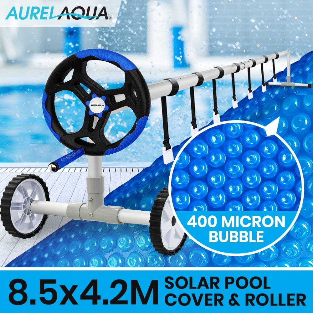 AURELAQUA Pool Cover Roller and 8.5x4.2m Solar Blanket 400 Micron, Blue