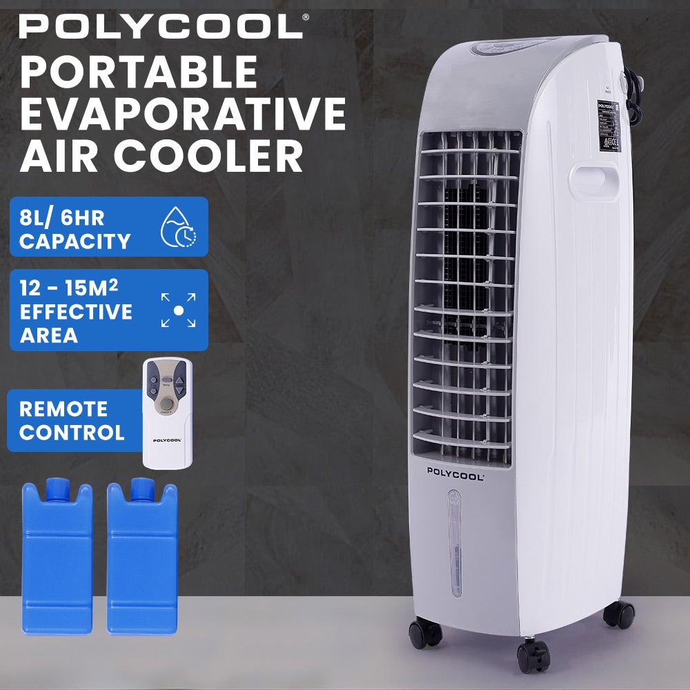 POLYCOOL 6L Evaporative Air Cooler Portable Household Fan, Purifier, Humidifier, Remote Control, White and Grey