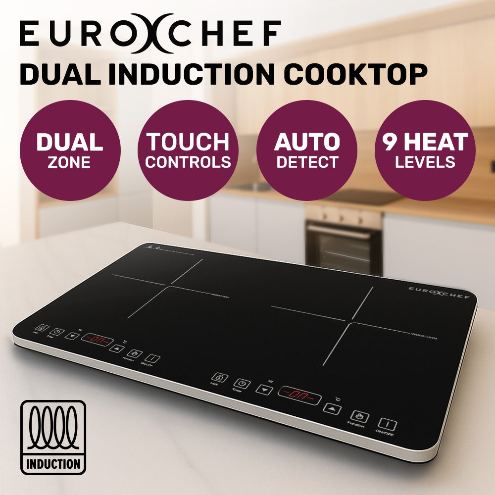EUROCHEF Double Induction Cooktop, 9 Heat Levels, Fast Electric Portable Cooker, Touch Controls, Standard 10A Power Plug