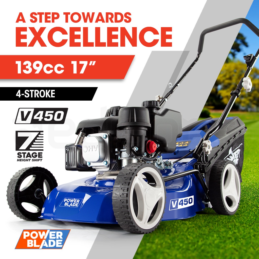POWERBLADE Lawn Mower 139CC 17" - Petrol Powered Push Lawnmower 4 Stroke Engine - v450