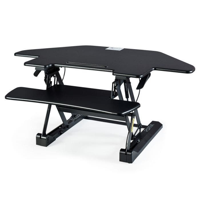 FORTIA Corner Desk Riser 110cm Wide Adjustable Sit to Stand for Dual Monitor, Keyboard, Laptop, Black