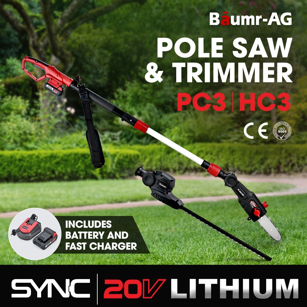 PRE-ORDER BAUMR-AG 20V SYNC Cordless Pole Saw & Hedge Trimmer Combo, 8 inch Chainsaw Pruner, Telescopic Handle, with Battery and Charger Kit