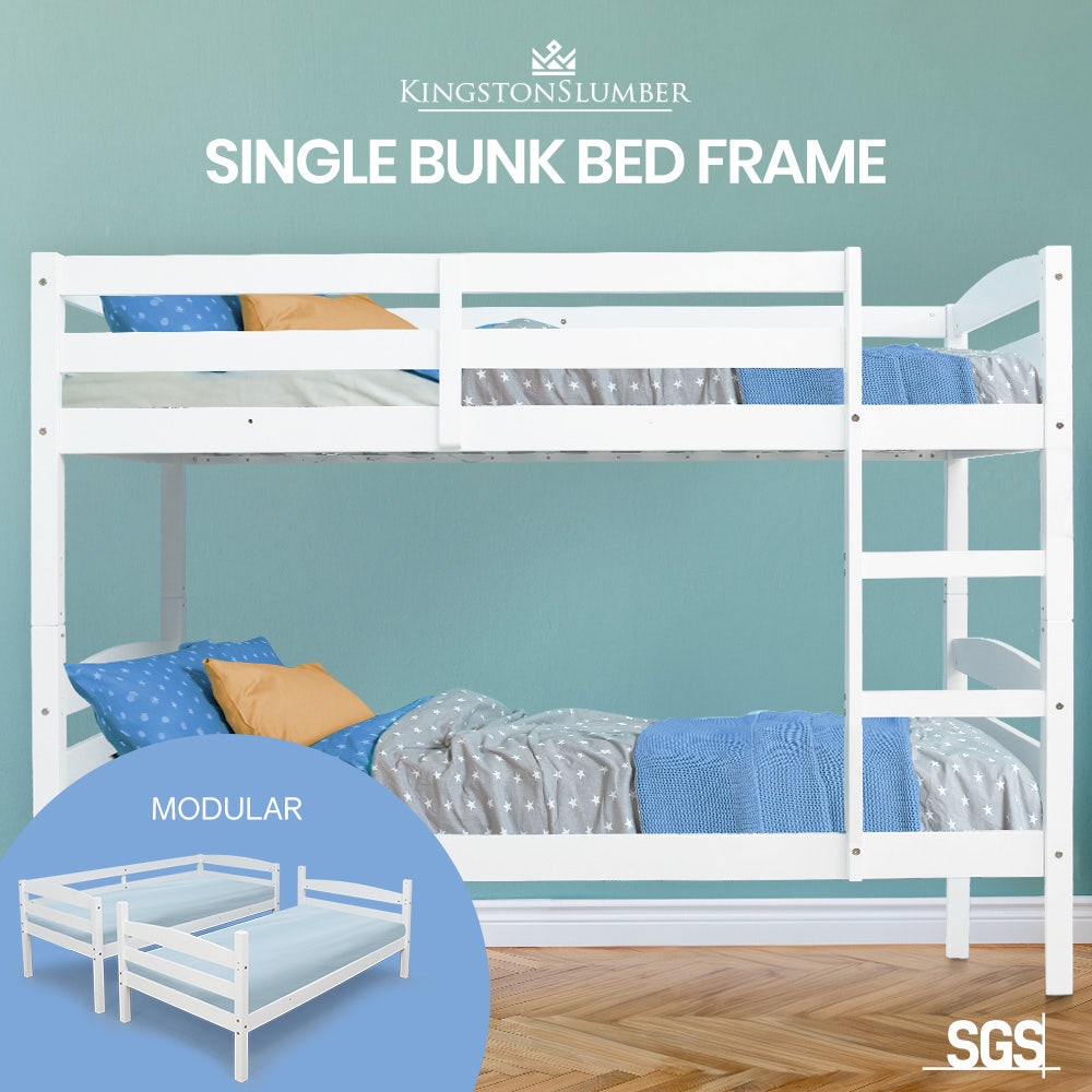 KINGSTON SLUMBER Single Bunk Bed Frame, Solid Pine 2-in-1 Modular Design, White