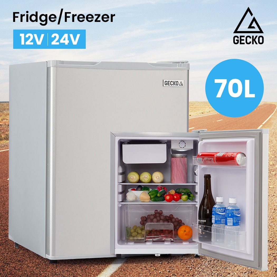GECKO 70L Portable Bar Fridge and Freezer 12V/24V for Camping, Caravans, Silver