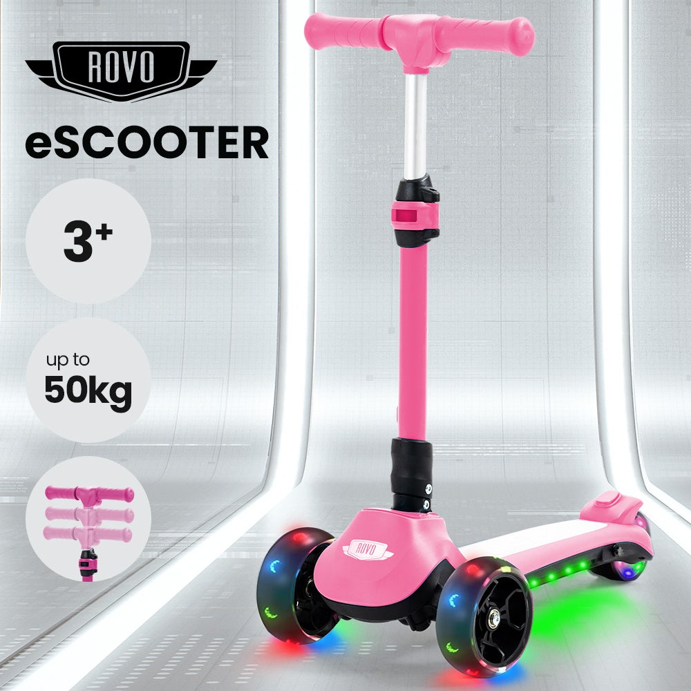 ROVO KIDS 3-Wheel Electric Scooter, Ages 3-8, Adjustable Height, Folding, Lithium Battery, Pink
