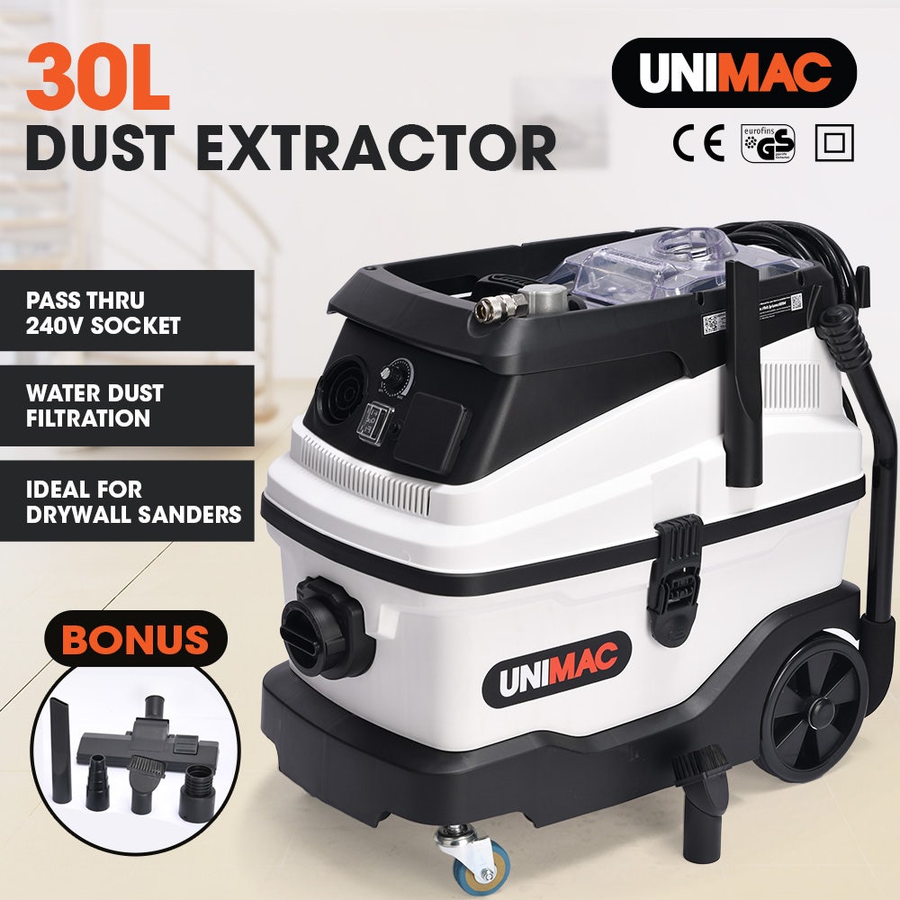 UNIMAC 30L Dust Extractor, Wet & Dry Vacuum Cleaner, 3 Stage Filtration, Water and HEPA filter, Power plus Air pass-through, Accessories