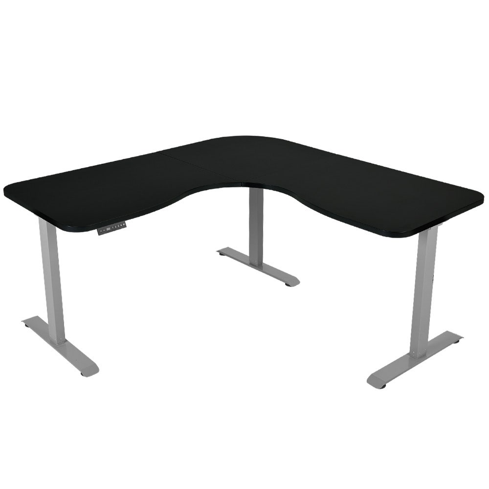 FORTIA Corner Standing Desk, 1730W x 1730W x 750D, 3 Motors, 120kg Load, Sit to Stand Up Electric Height Adjustable, Black/Silver Frame