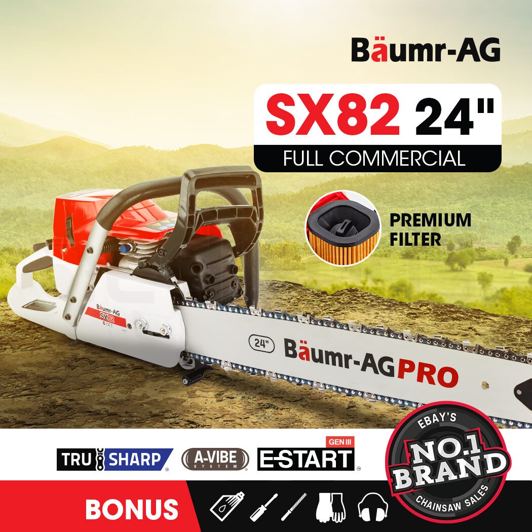 BAUMR-AG Commercial Petrol Chainsaw E-Start 24" Bar Chain Saw Top Handle Tree Pruning