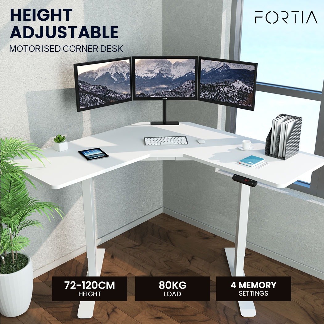 FORTIA Sit To Stand Up Corner Standing Desk, 72-120cm, Dual Motor, Electric Height Adjustable, 80kg Load, White/White Frame