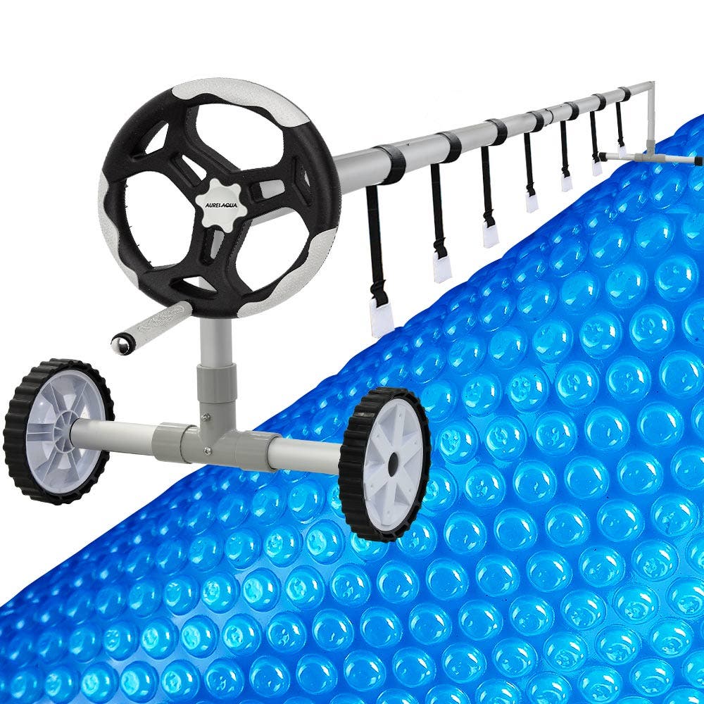 AURELAQUA Pool Roller Cover and 7.5x3.2m Solar Blanket 400 Micron, Blue