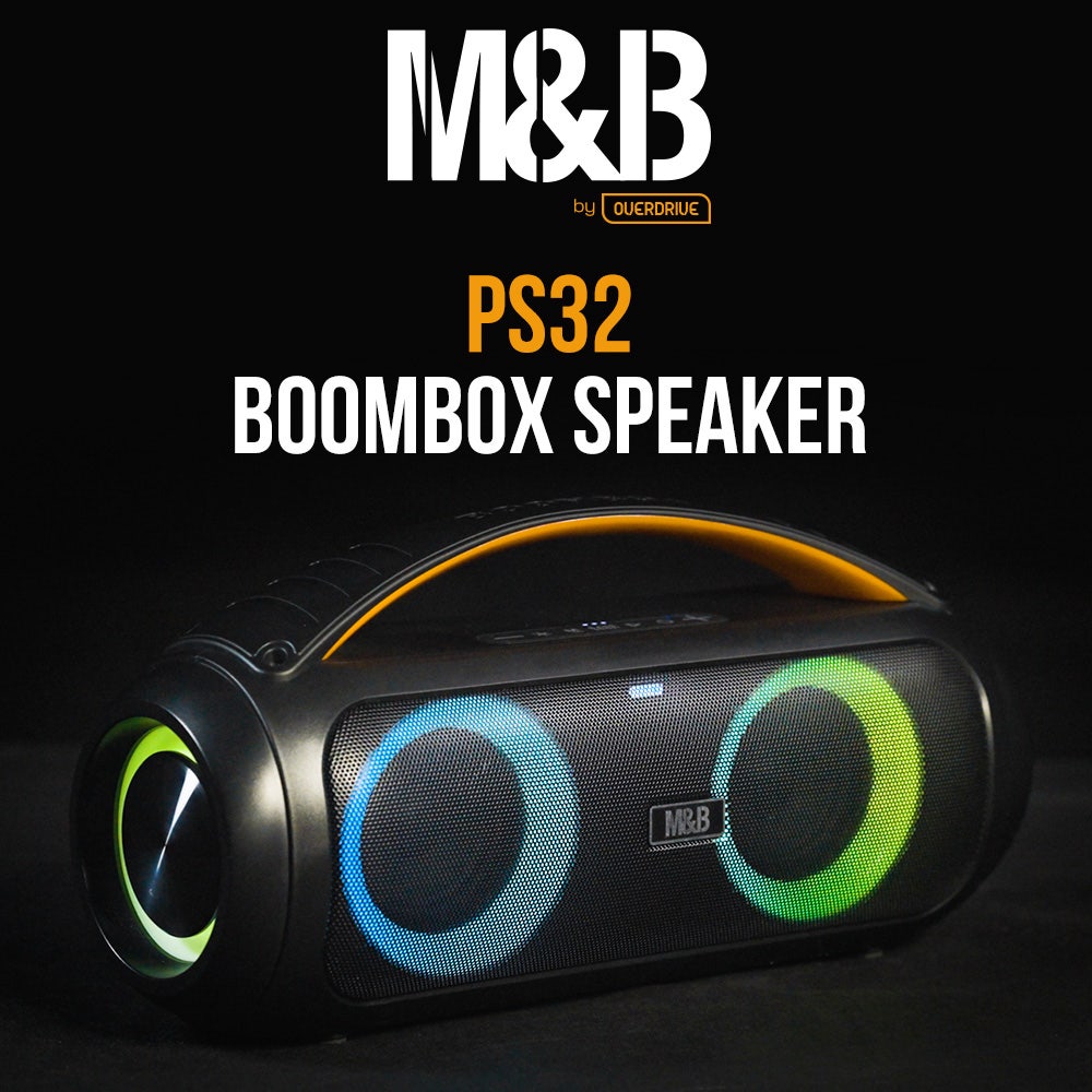 M&B Portable Splash Proof 40W Bluetooth Boombox Speaker, IPX5, TWS Pairing, Multi-Input, Lithium Battery, USB Charging