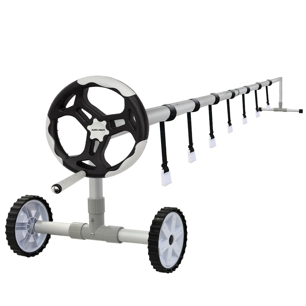 AURELAQUA Aluminium Swimming Pool Cover Roller (3.15-4.05m length), Black/Light Grey Handle