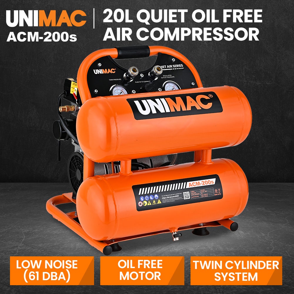 UNIMAC 20L Twin Tank Air Compressor, 116PSI Portable Silent Oil-Free Electric, for Airtools Tyre Inflation