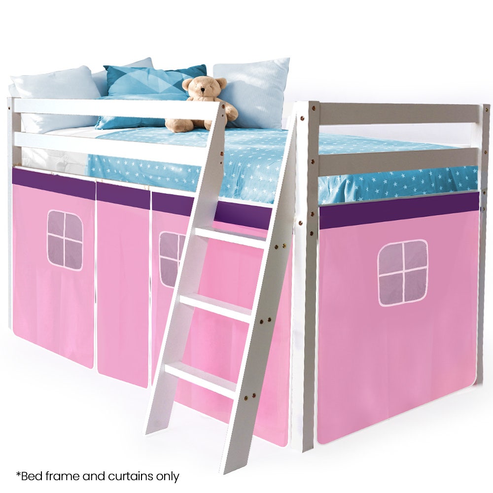 KINGSTON SLUMBER Wooden Kids Single Loft Bed Frame - Hiding Space Underneath with Interchangeable Pink and Blue Curtains