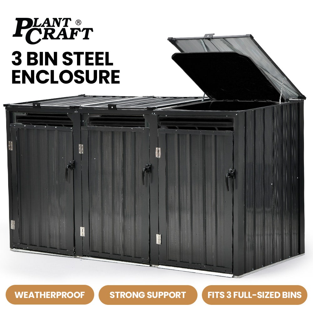 PLANTCRAFT Triple Steel Wheelie Garbage Bin Storage Shed, Enclosure with 3 Opening Doors