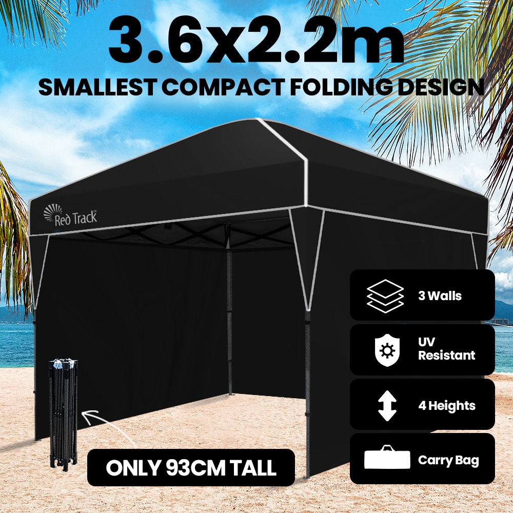 RED TRACK 3.6x2.2m Ultra Compact Folding Gazebo, Walls, Carry bag, Portable Outdoor Popup Marquee for Camping Beach, Black