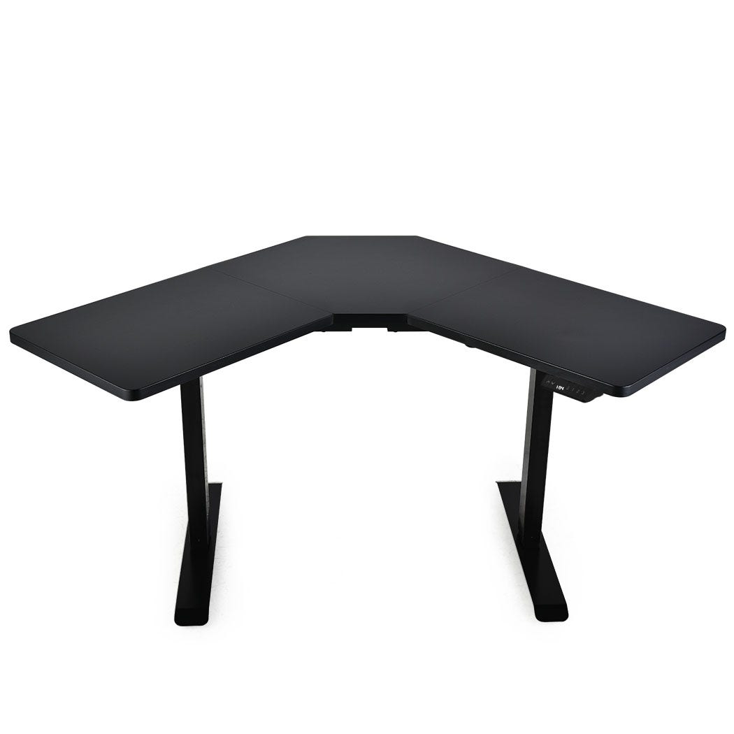 FORTIA Corner Standing Desk, 980W x 980W x 480D, Dual Motor, 80kg Load, Sit to Stand Up Electric Height Adjustable, Black/Black Frame