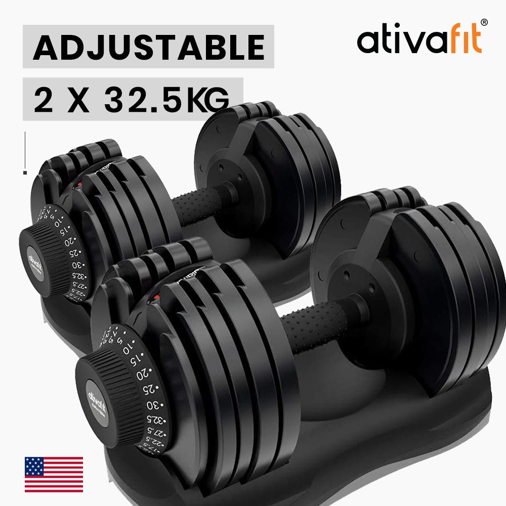 ATIVAFIT 2 x 32.5kg Adjustable Weight Dumbbell Set, for Home Gym Fitness Training