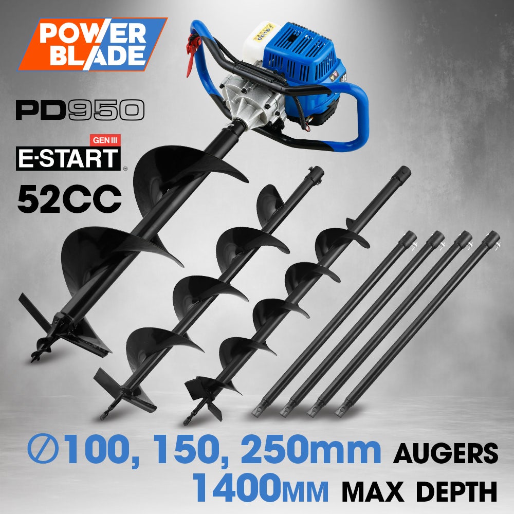 POWERBLADE PD950 52cc 2-Stroke Petrol Post Hole Digger, w/ 3 Auger bits, 600mm Extension Shaft