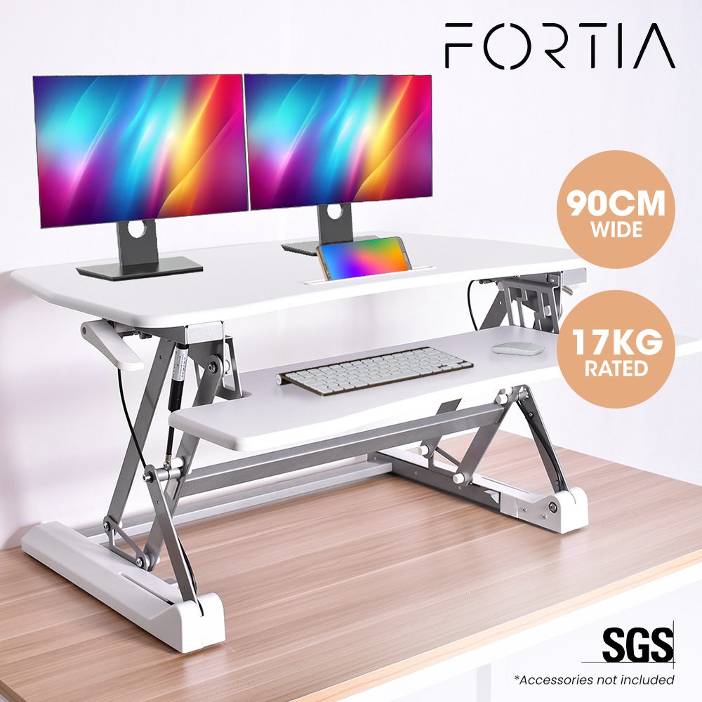 FORTIA Desk Riser 90cm Wide Adjustable Sit to Stand, for Dual Monitor, Keyboard, Laptop, White