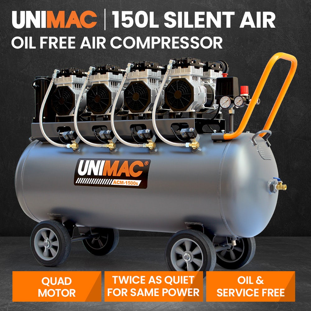 UNIMAC 150L 4.5HP Ultra-Slient Oil-Free Electric Air Compressor, Long Life Quad Motor, 116PSI Portable Heavy Duty, Twin Nitto Outlets, 15A Plug