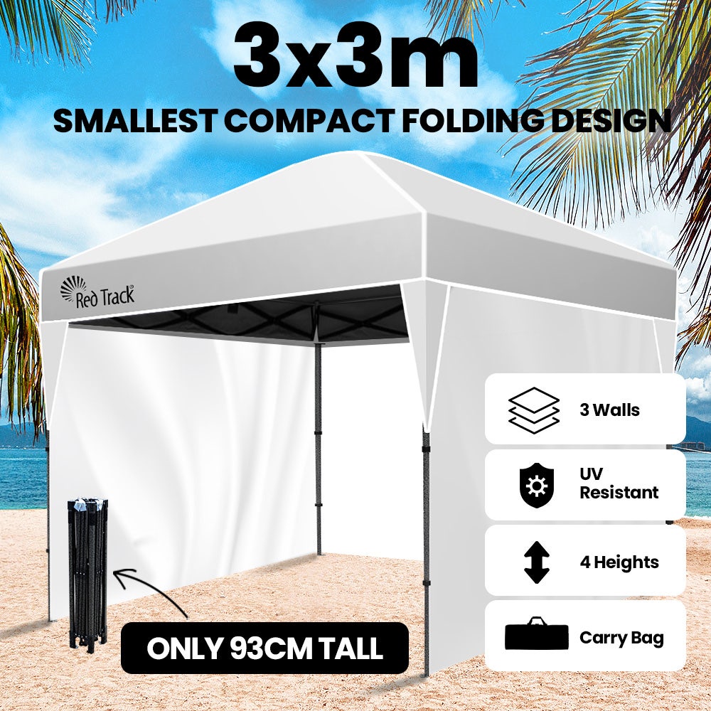 RED TRACK 3x3m Ultra Compact Folding Gazebo, Walls, Carry bag, Portable Outdoor Popup Marquee for Camping Beach, White