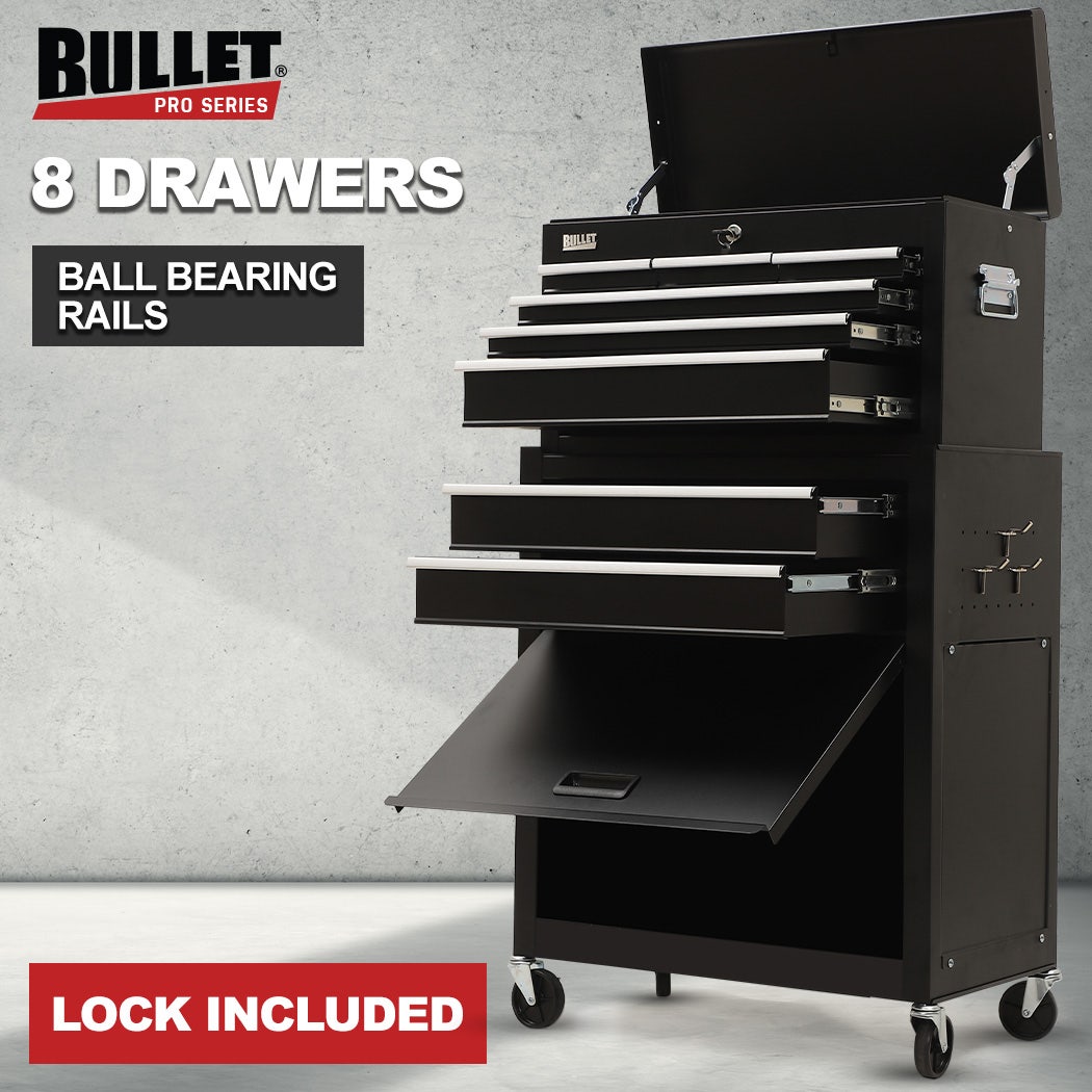 BULLET 8 Drawer Tool Box Cabinet Chest Storage, Toolbox Garage Organiser Set, Black