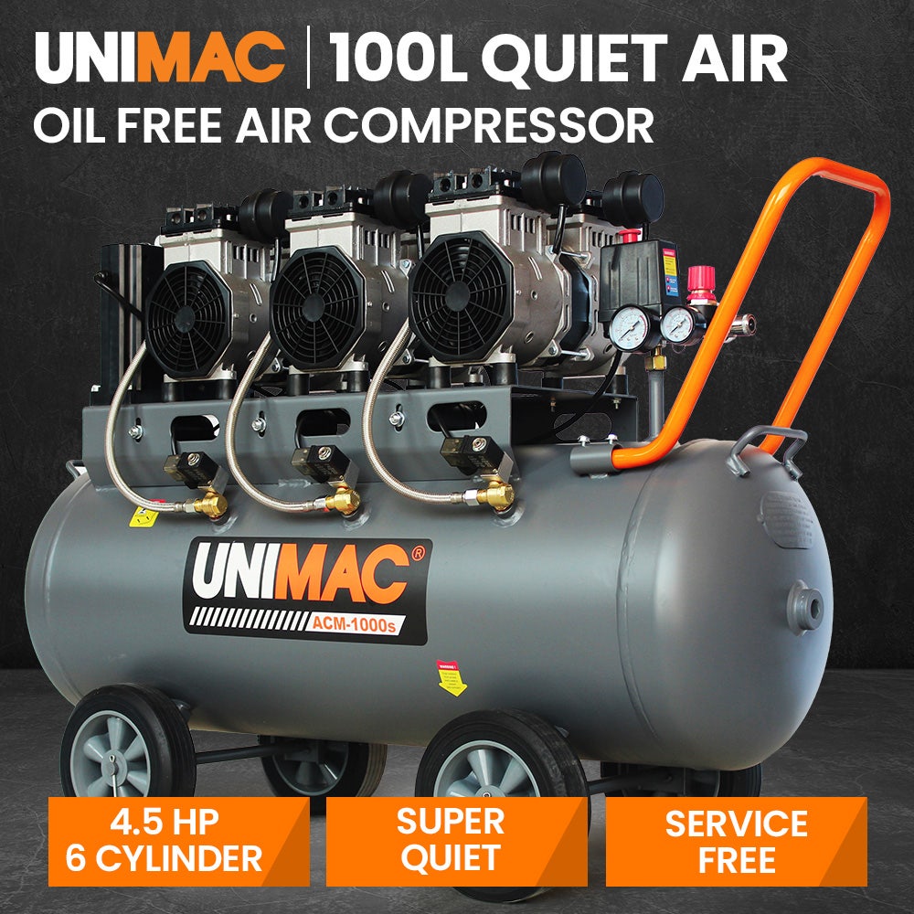 UNIMAC 100L 4.5HP Silent Oil-Free Air Compressor, with Twin Nitto Outlets, 15A Plug