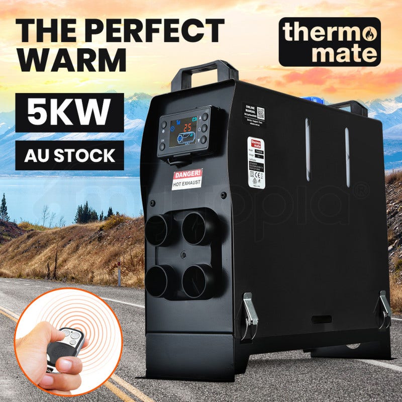 THERMOMATE 12V 5kW All-In-One Diesel Air Heater for Caravan Camper Trailer Van Motorhome RV, Black