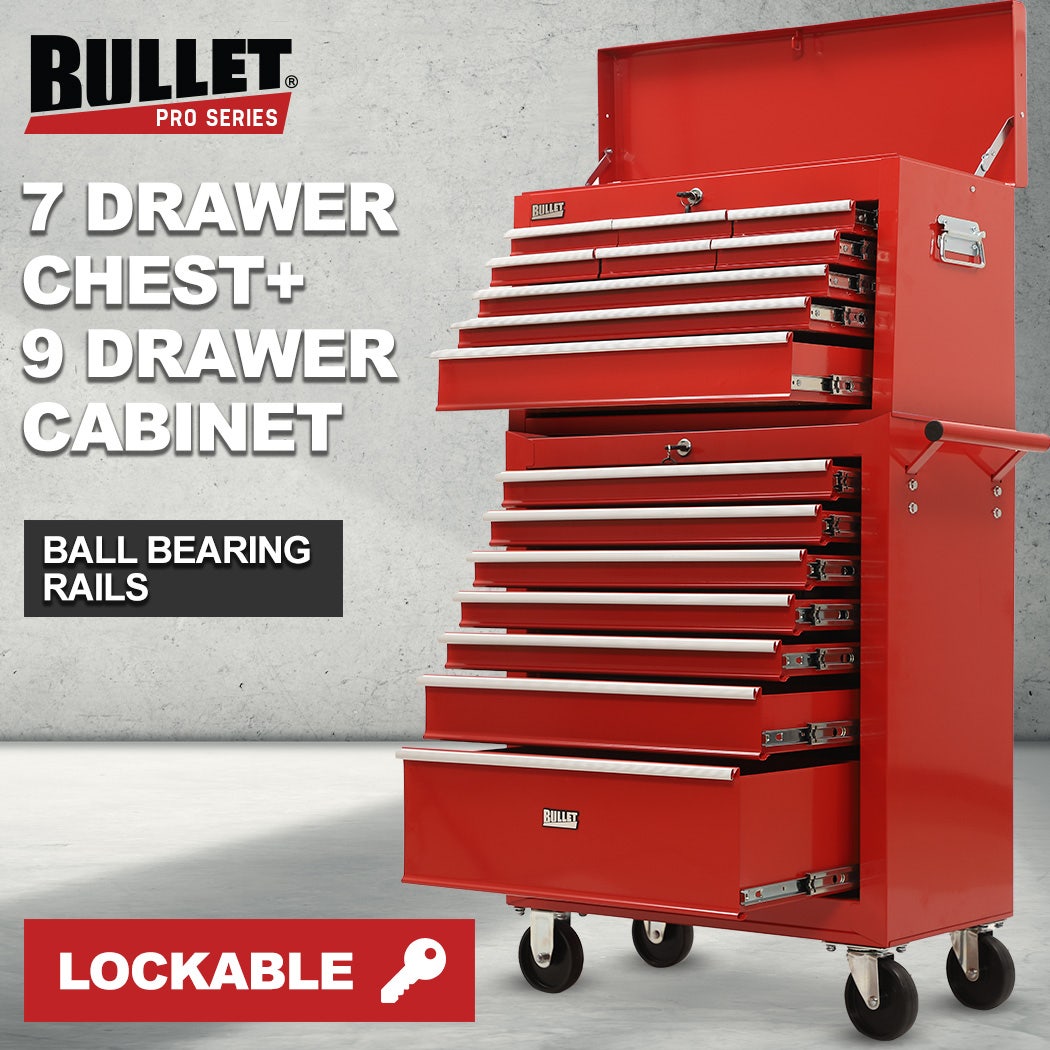 BULLET Pro 16 Drawer Tool Box Cabinet Chest Storage, Toolbox Garage Organiser Set, Red