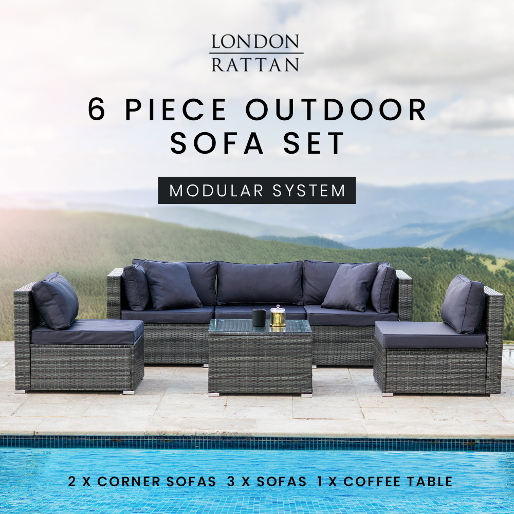 LONDON RATTAN 5 Seater Modular Outdoor Lounge Setting with Coffee Table, Grey
