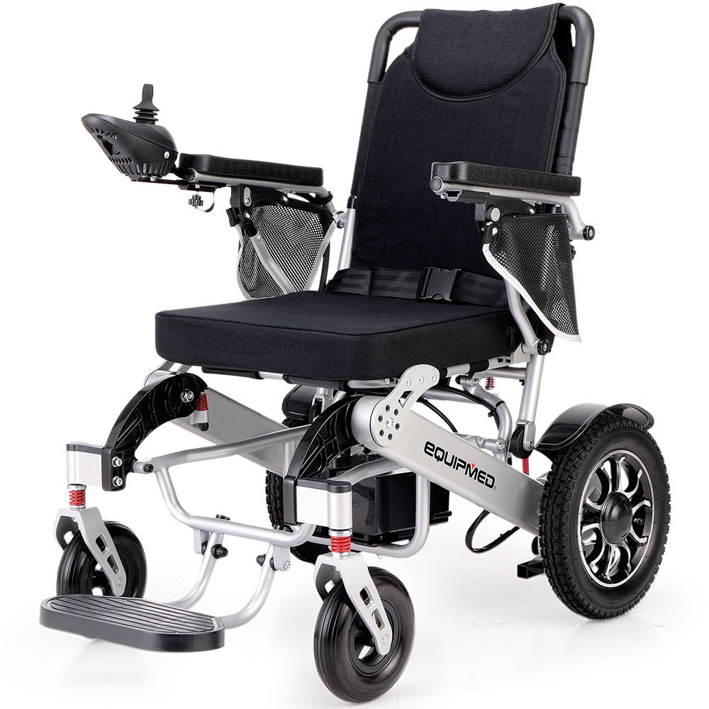 EQUIPMED Power Electric Wheelchair, Airline Approved Wheelchair, Lightweight, Folding, Long Range, Lithium Batteries, Black & Silver