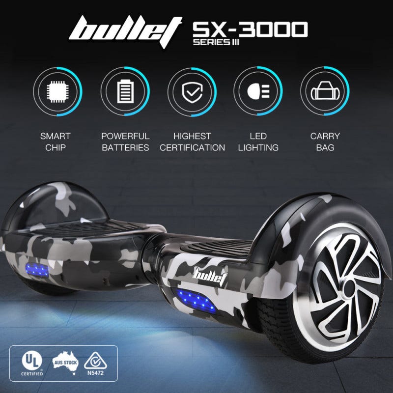 BULLET Gen III Hoverboard Scooter, Superior Self Balancing System, Dual Copper Motors, UL Certified, 6.5" Wheels, LED Lights, Carry Bag, Camo Grey