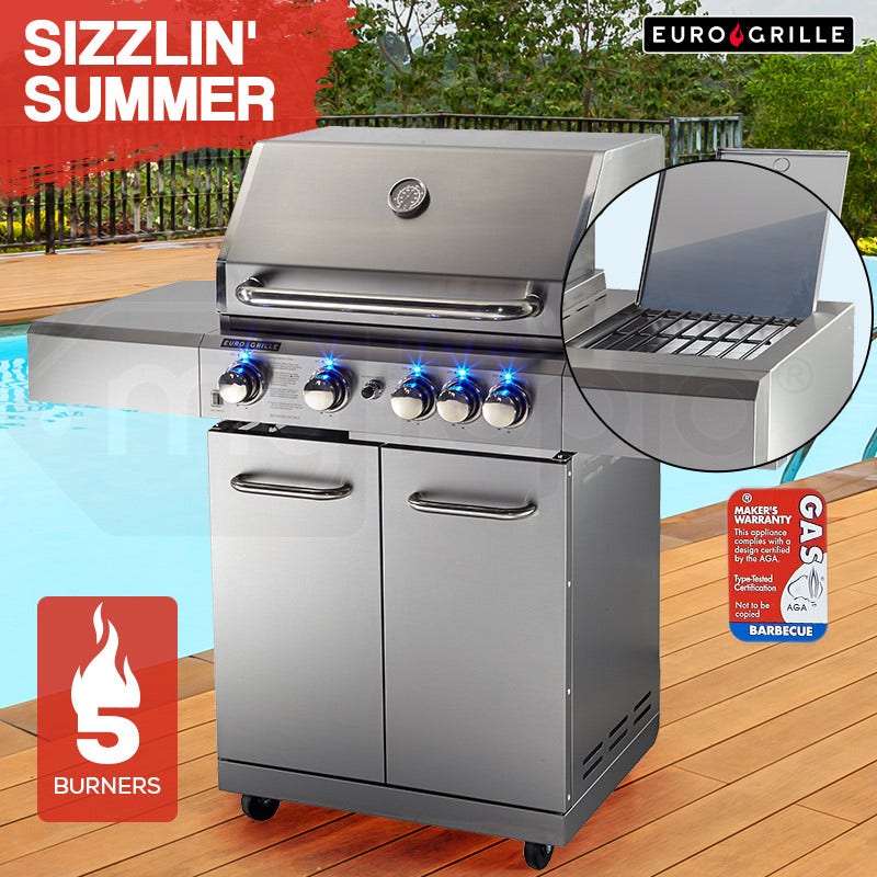 EuroGrille 5 Burner BBQ Outdoor Barbeque Grill Gas Stainless Steel Kitchen