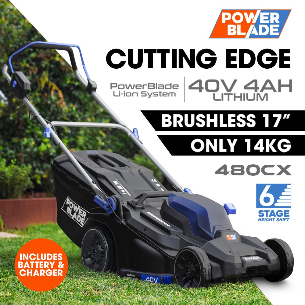 POWERBLADE 480CX 40V 17" Cordless Lawn Mower Kit, Fast Charger, 2 x 4Ah Batteries, 6 Stage Height, Brushless Electric, 430mm Cutting Path