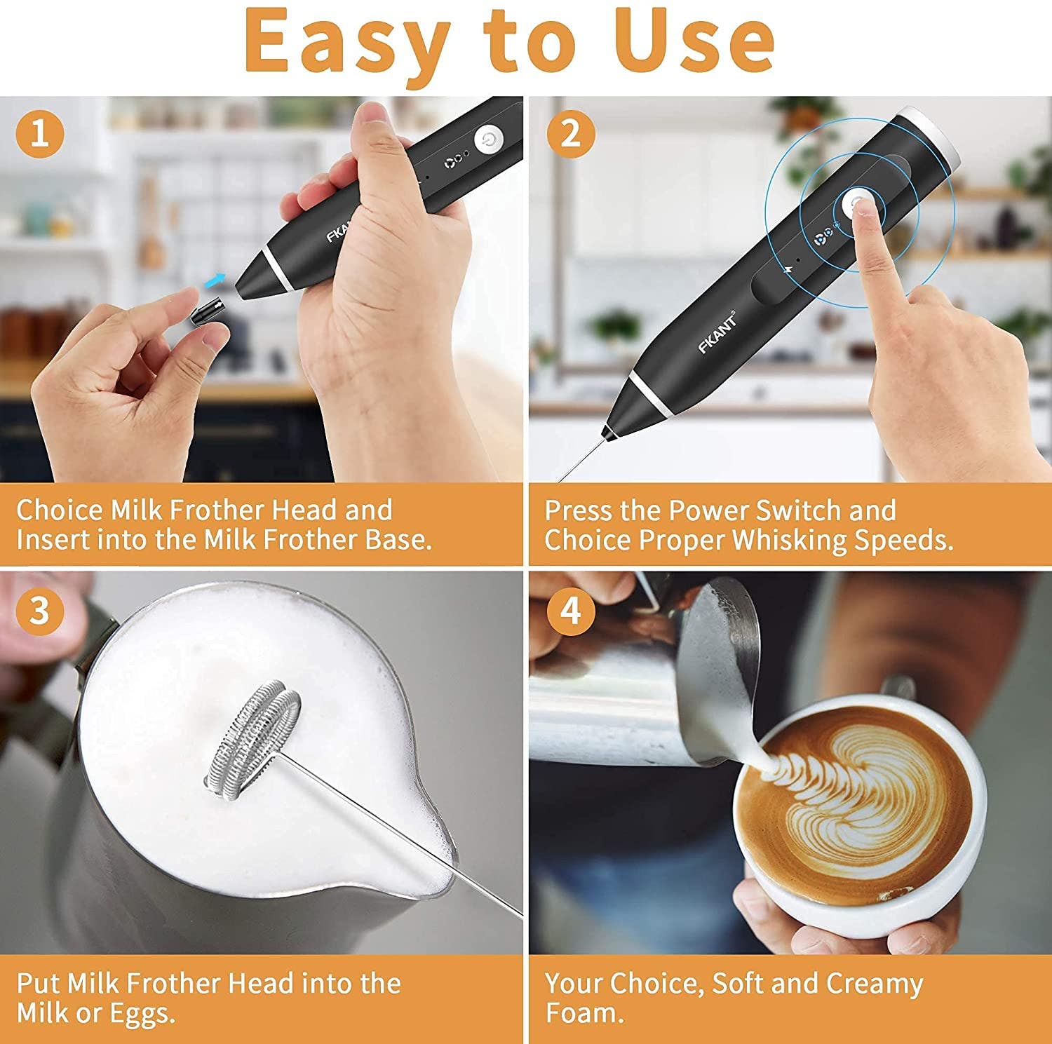 Carla Home Vikus 3-Speed Rechargeable Hand Held Electric Milk Frother - Black