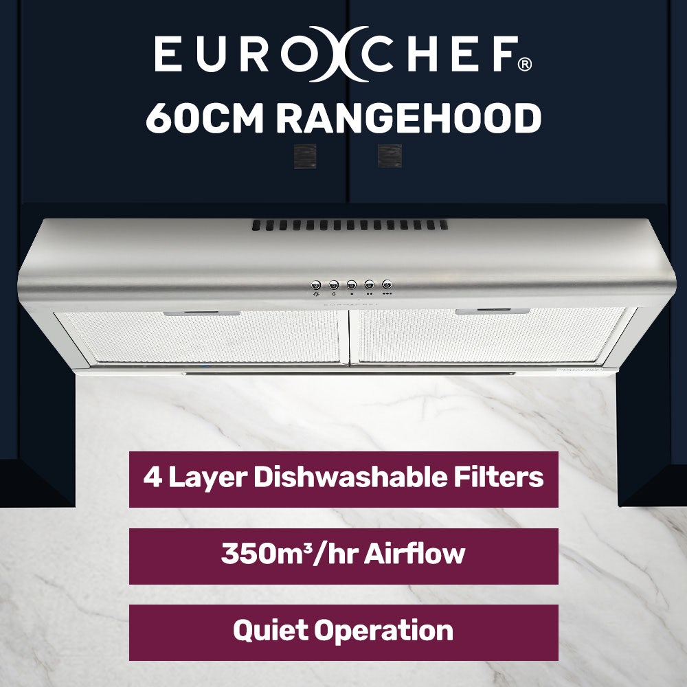EUROCHEF 60cm Fixed Stainless Steel Rangehood, Quiet 3-Speed, 4-Layer Dishwashable Filters, Halogen Lights EFR60S