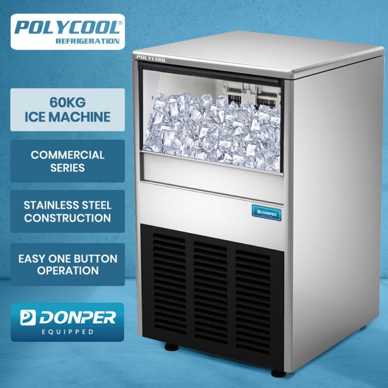 POLYCOOL Commercial Ice Maker Machine, up to 60kg/24hr, Donper Compressor, Undercounter, Freestanding