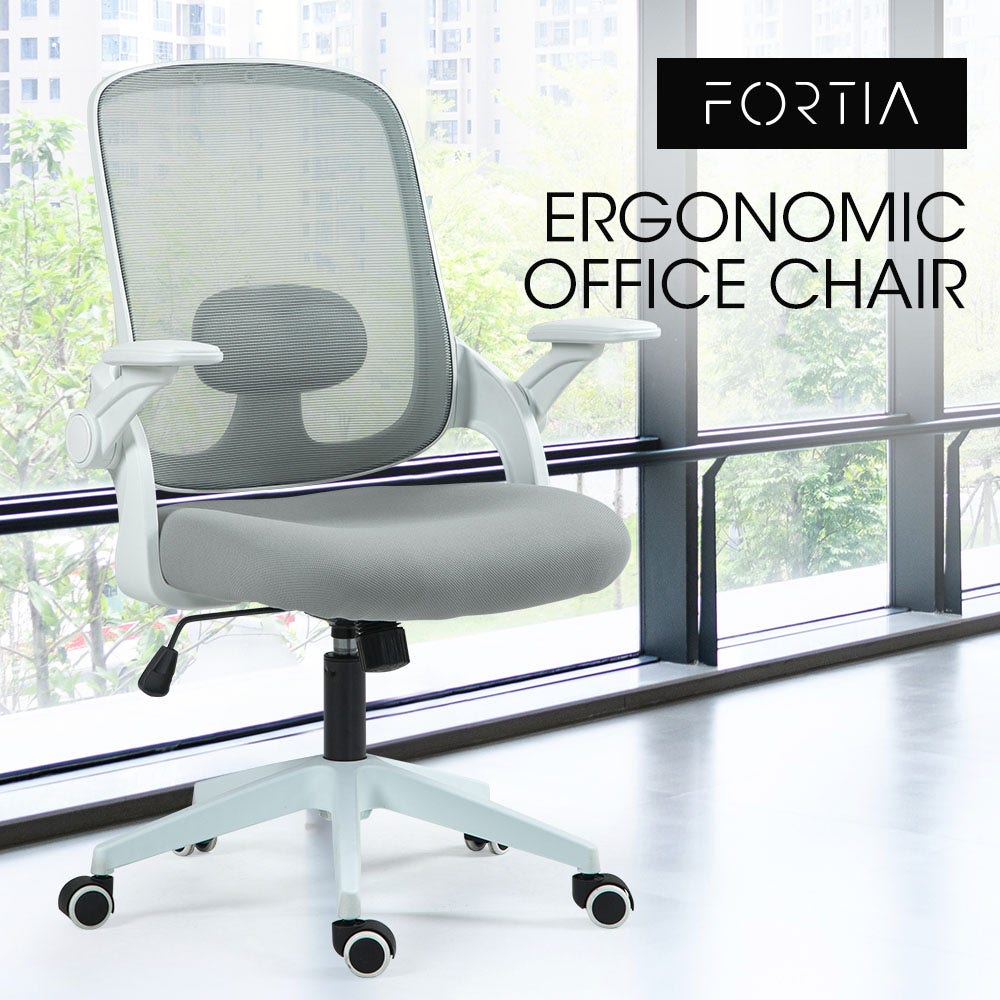 FORTIA Ergonomic Office Desk Chair, Coolmesh Fabric, Adjustable Recline, Grey Mesh/White Frame